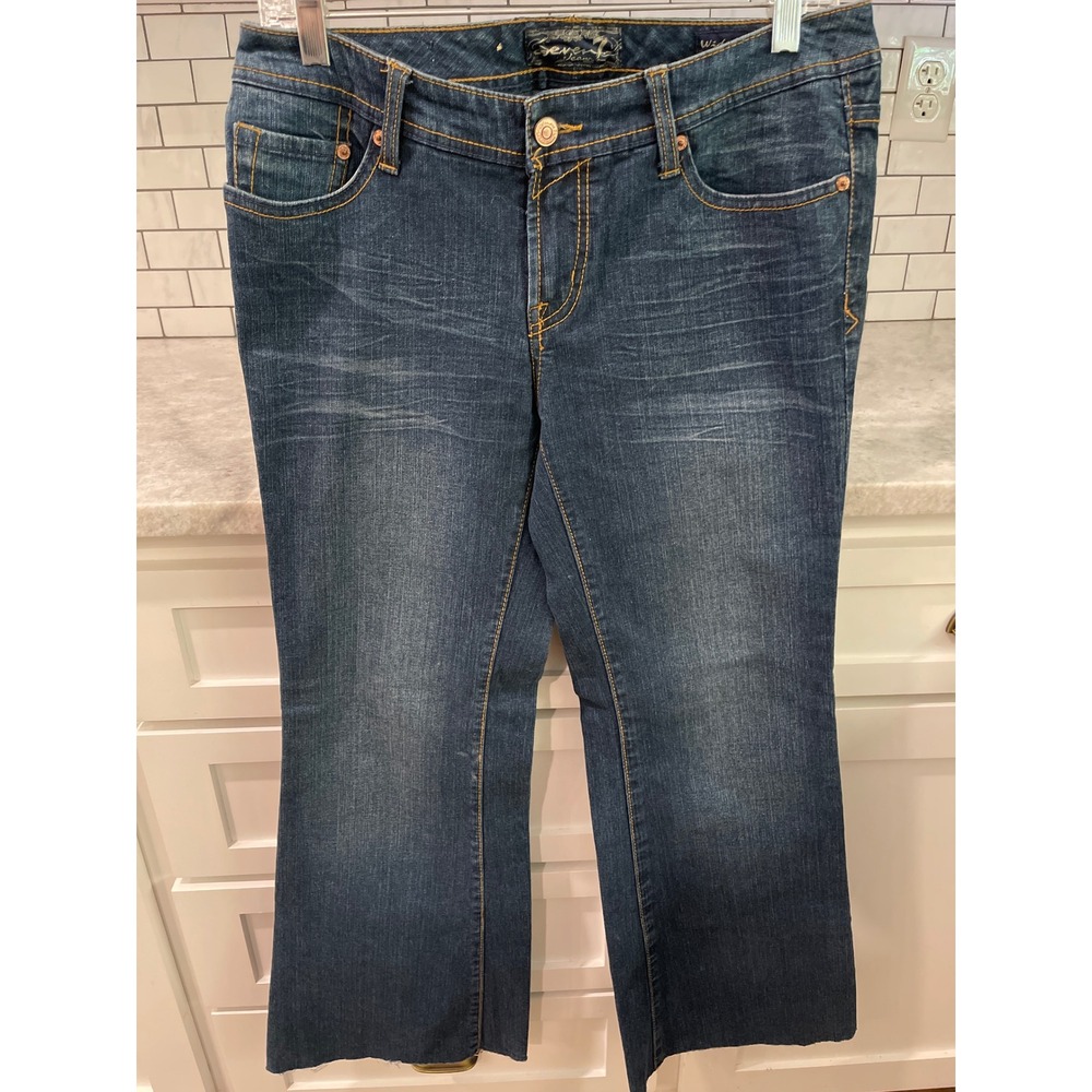Seven7 Jeans Women 30 Blue Wide Leg Raw Hem Stretch Denim Mid Rise